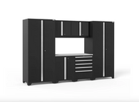 NewAge Pro Series 7 Piece Black Garage Cabinet Set Base, Wall, Tool Drawer Cabinet, Lockers and 56 in. Worktop