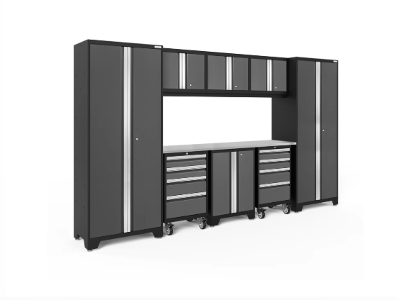 NewAge Bold Series 9-Piece Gray Garage Cabinet Set with 2 Rolling Tool, Base, Wall Cabinets and 2 30 in. Lockers