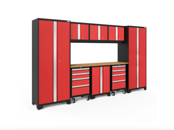 NewAge Bold Series 9-Piece Red Garage Cabinet Set with 2 Rolling Tool, Base, Wall Cabinets and 2 30 in. Lockers