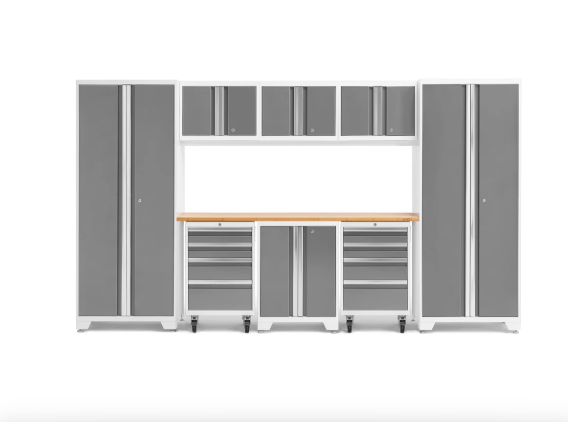 NewAge Bold Series 9-Piece White-Framed Gray Garage Cabinet Set with 2 Rolling Tool, Base, Wall Cabinets and 2 30 in. Lockers