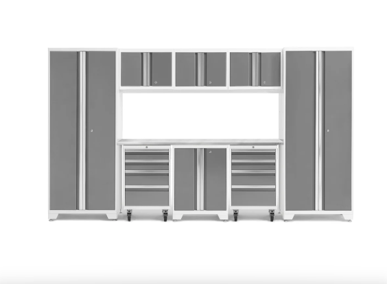 NewAge Bold Series 9-Piece White-Framed Gray Garage Cabinet Set with 2 Rolling Tool, Base, Wall Cabinets and 2 30 in. Lockers