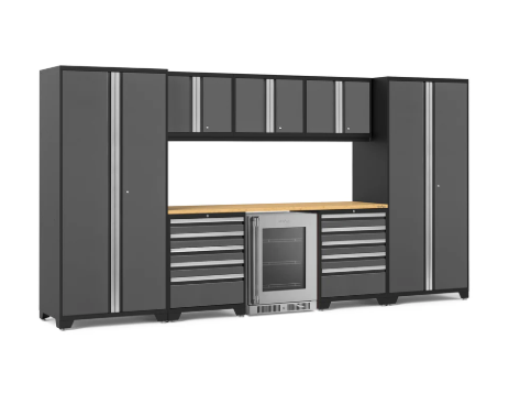 NewAge Pro Series 9 Piece Gray Garage Cabinet Set with Wall Cabinets, Tool Drawer Cabinets, Lockers, and Glass Door Fridge