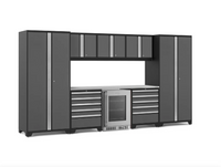 NewAge Pro Series 9 Piece Gray Garage Cabinet Set with Wall Cabinets, Tool Drawer Cabinets, Lockers, and Glass Door Fridge