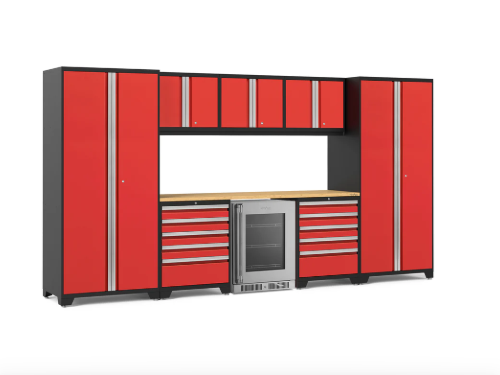 NewAge Pro Series 9 Piece Red Garage Cabinet Set with Wall Cabinets, Tool Drawer Cabinets, Lockers, and Glass Door Fridge