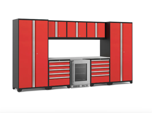 NewAge Pro Series 9 Piece Red Garage Cabinet Set with Wall Cabinets, Tool Drawer Cabinets, Lockers, and Glass Door Fridge