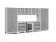 NewAge Pro Series 9 Piece White-Framed Gray Garage Cabinet Set with Wall Cabinets, Tool Drawer Cabinets, Lockers, and Glass Door Fridge