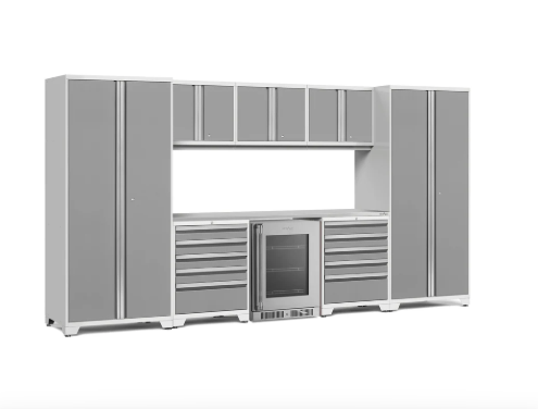 NewAge Pro Series 9 Piece White-Framed Gray Garage Cabinet Set with Wall Cabinets, Tool Drawer Cabinets, Lockers, and Glass Door Fridge