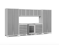 NewAge Pro Series 9 Piece White-Framed Gray Garage Cabinet Set with Wall Cabinets, Tool Drawer Cabinets, Lockers, and Glass Door Fridge