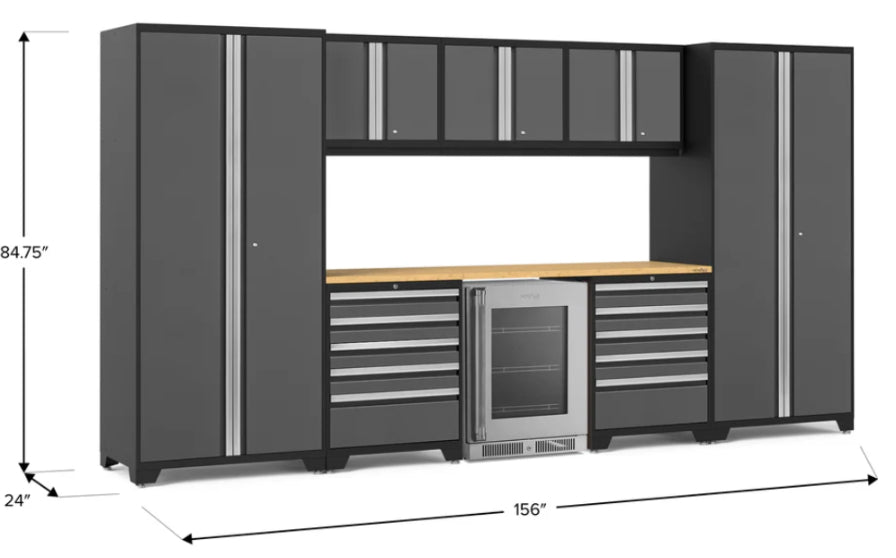 NewAge Pro Series 9 Piece Gray Garage Cabinet Set with Wall Cabinets, Tool Drawer Cabinets, Lockers, and Glass Door Fridge