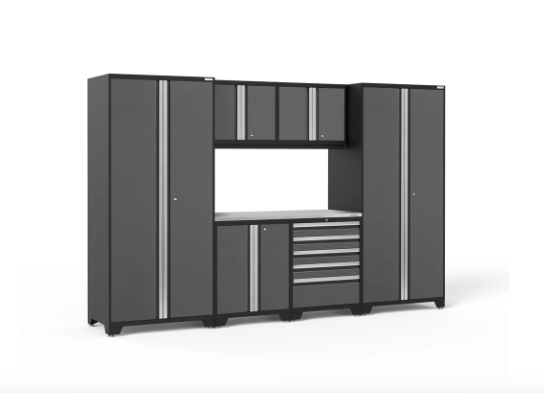 NewAge Pro Series 7 Piece Gray Garage Cabinet Set Base, Wall, Tool Drawer Cabinet, Lockers and 56 in. Worktop