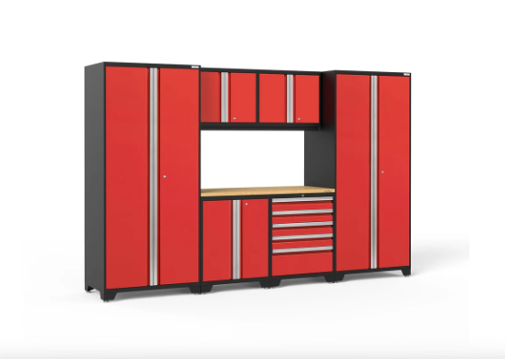 NewAge Pro Series 7 Piece Red Garage Cabinet Set Base, Wall, Tool Drawer Cabinet, Lockers and 56 in. Worktop