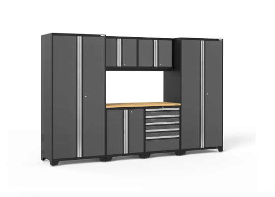 NewAge Pro Series 7 Piece Gray Garage Cabinet Set Base, Wall, Tool Drawer Cabinet, Lockers and 56 in. Worktop