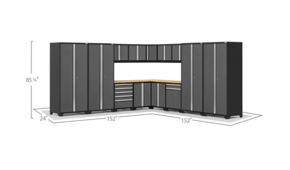 NewAge Pro Series 16 Piece Red Corner Garage Cabinet Set with Lockers, Wall, Tool Drawer, Base, Corner Wall Cabinet and 56 in. Worktop