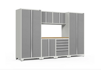 NewAge Pro Series 7 Piece White-Framed Gray Garage Cabinet Set Base, Wall, Tool Drawer Cabinet, Lockers and 56 in. Worktop