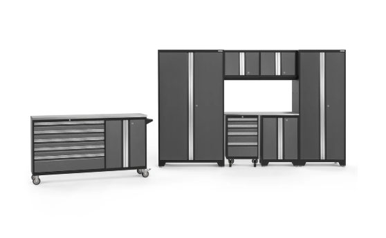 NewAge Bold Series 8 Piece Gray Garage Cabinet Set with Project Center, Tool Drawer, Base, Wall Cabinets and Lockers