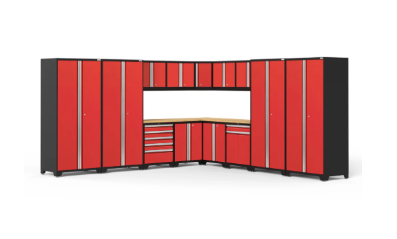 NewAge Pro Series 16 Piece Red Corner Garage Cabinet Set with Lockers, Wall, Tool Drawer, Base, Corner Wall Cabinet and 56 in. Worktop