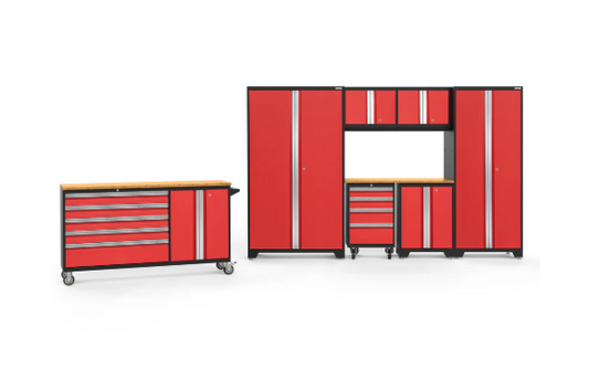 NewAge Bold Series 8 Piece Red Garage Cabinet Set with Project Center, Tool Drawer, Base, Wall Cabinets and Lockers