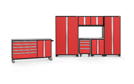 NewAge Bold Series 8 Piece Red Garage Cabinet Set with Project Center, Tool Drawer, Base, Wall Cabinets and Lockers